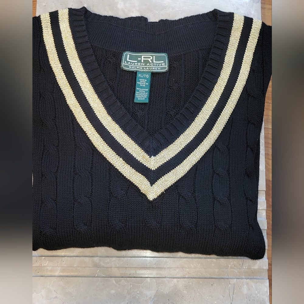 Lauren Ralph Lauren Black and Gold V-Neck Sweater